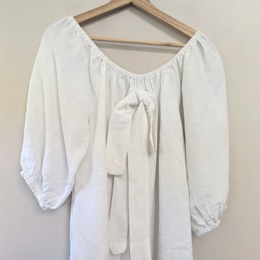 Tommy Bahama White Linen Dress Preppy Beach Puff Sleeve‎ Coastal
